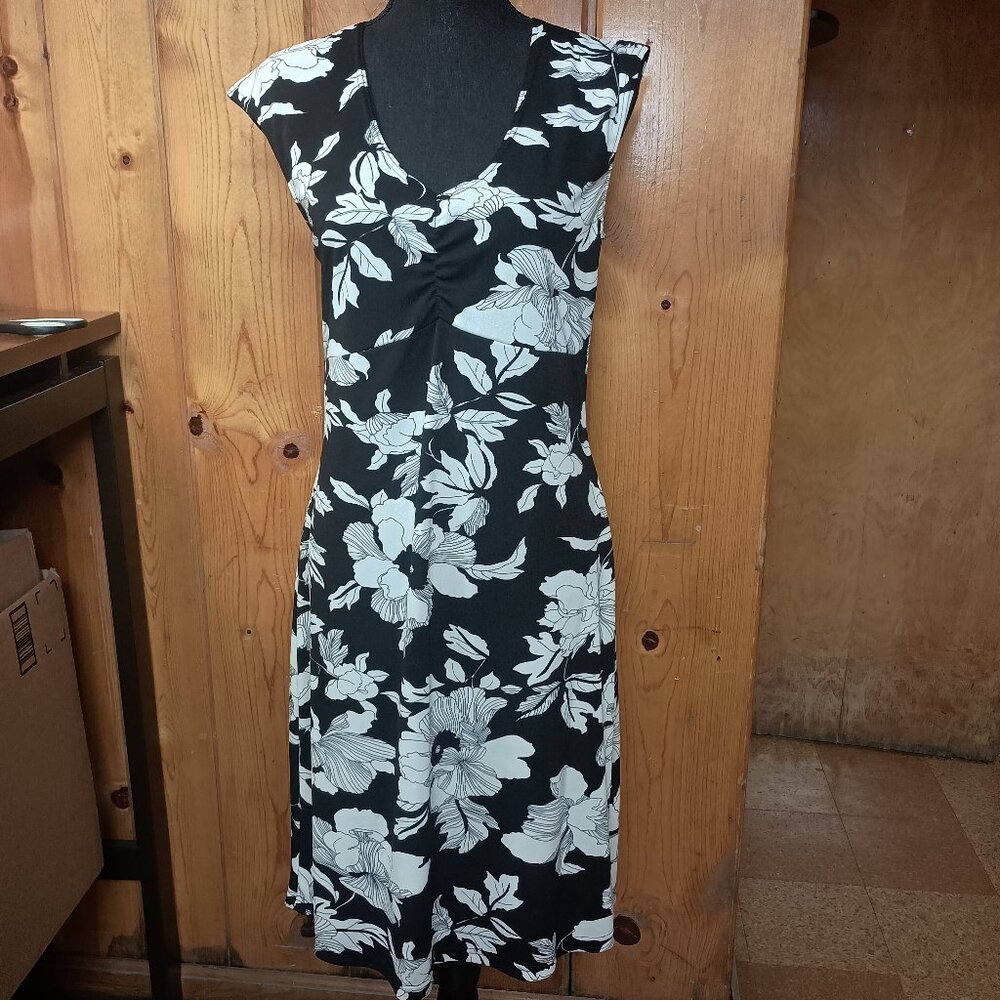 Vintage Y2K Black White Floral Print Dress Large H&M Polyester Summer Goth